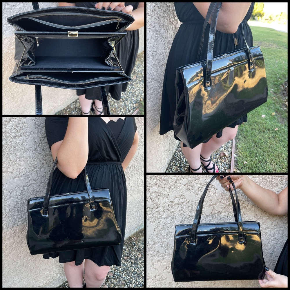 Beautiful large vintage 1970s black vinyl handbag